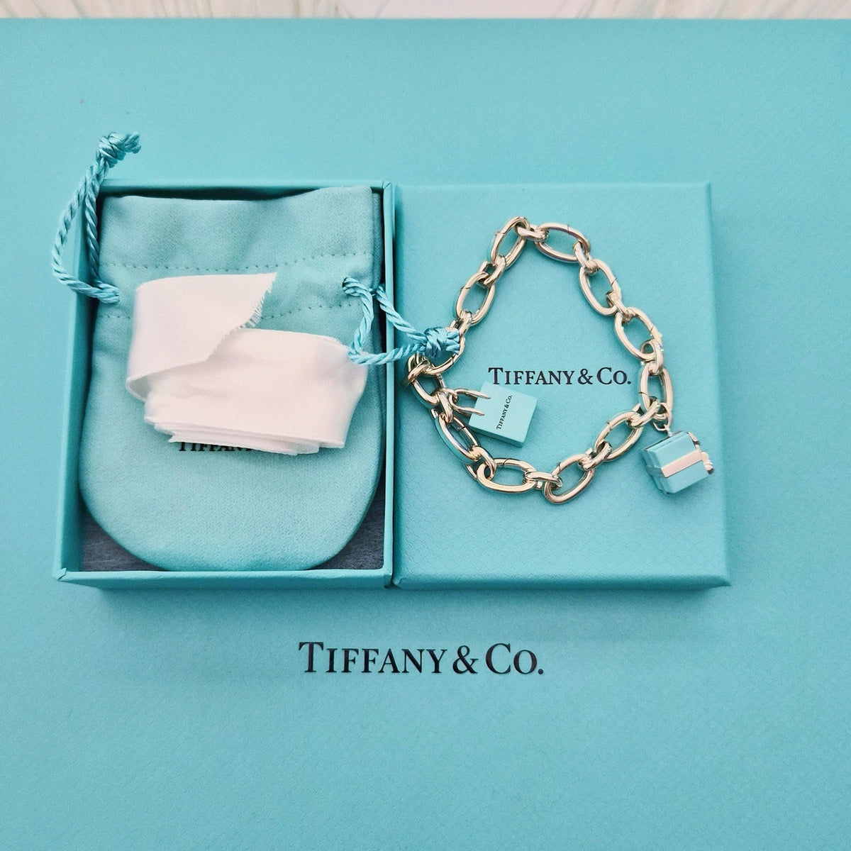 RARE Tiffany & Co Blue Enamel Clasping Oval Link Silver Bracelet w/ Charms
