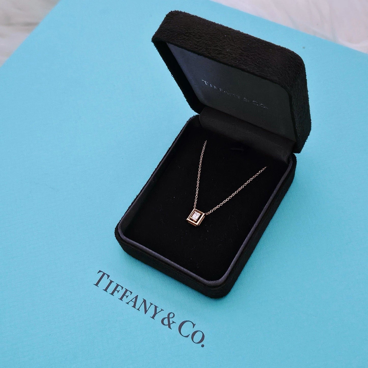 RARE Tiffany & Co. 18k Rose Gold Jewel Box Emerald Cut Diamond Necklace