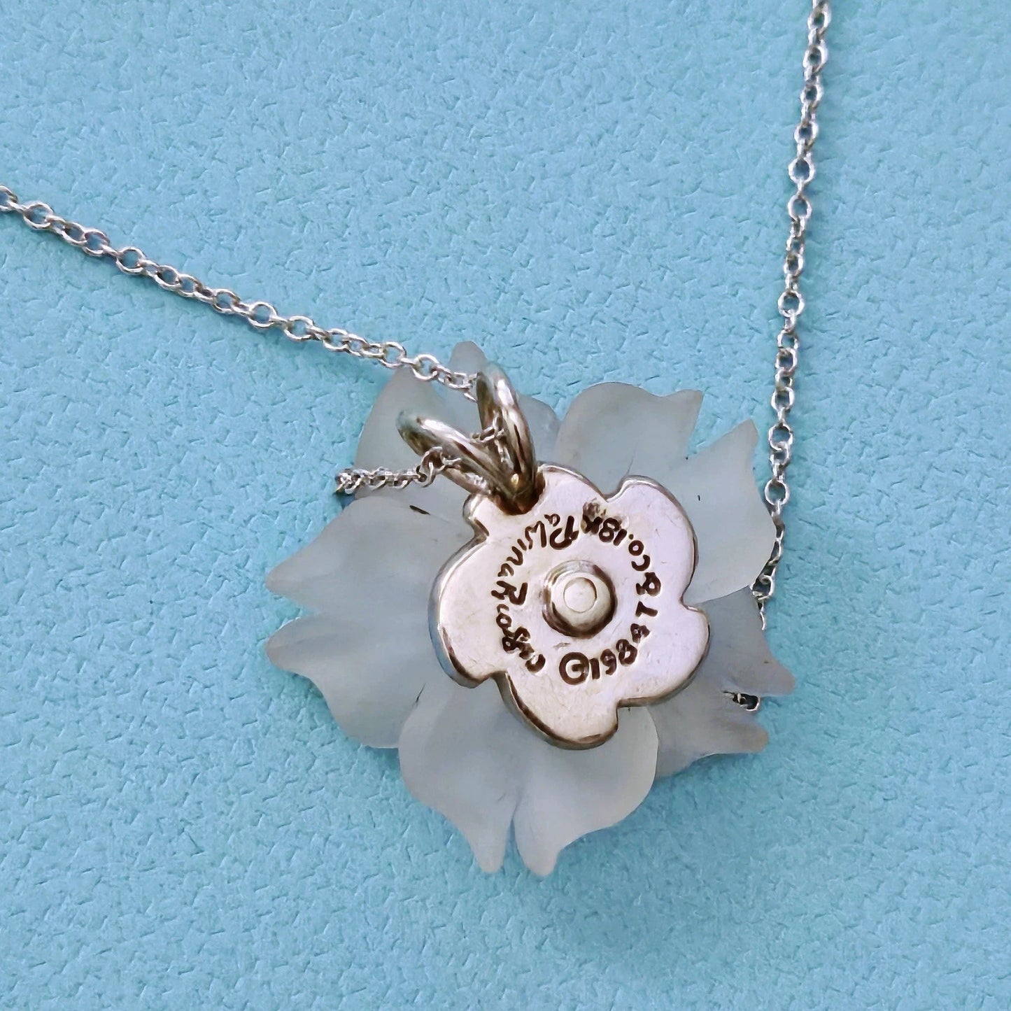 Vintage Tiffany & Co. Paloma Picasso Carved Rock Crystal Flower 18k Silver Necklace