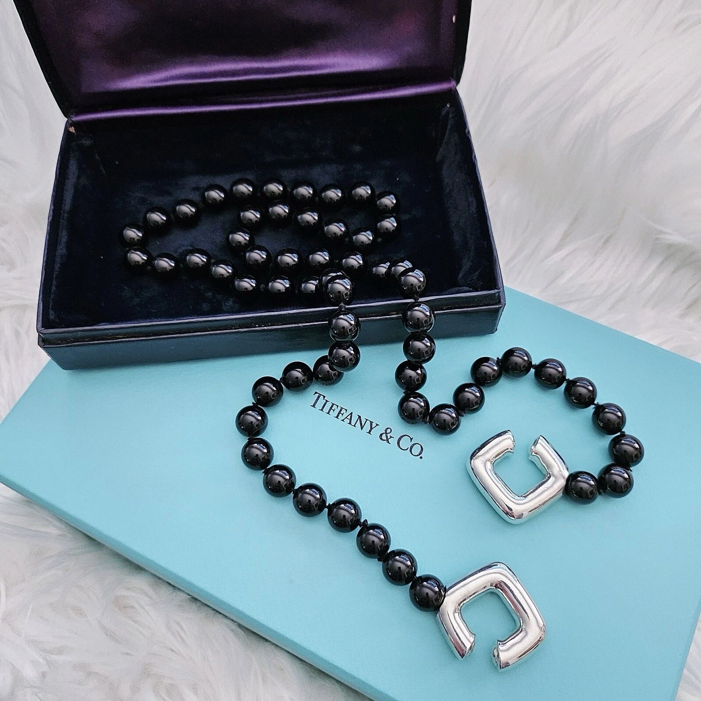 Vintage 1986 Tiffany & Co Paloma Picasso Silver Square Toggle Onyx Bead Necklace