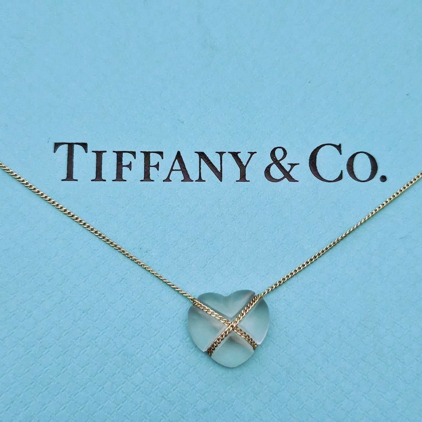 RARE Vintage Tiffany & Co. 18k Yellow Gold Rock Crystal Cross Heart Necklace
