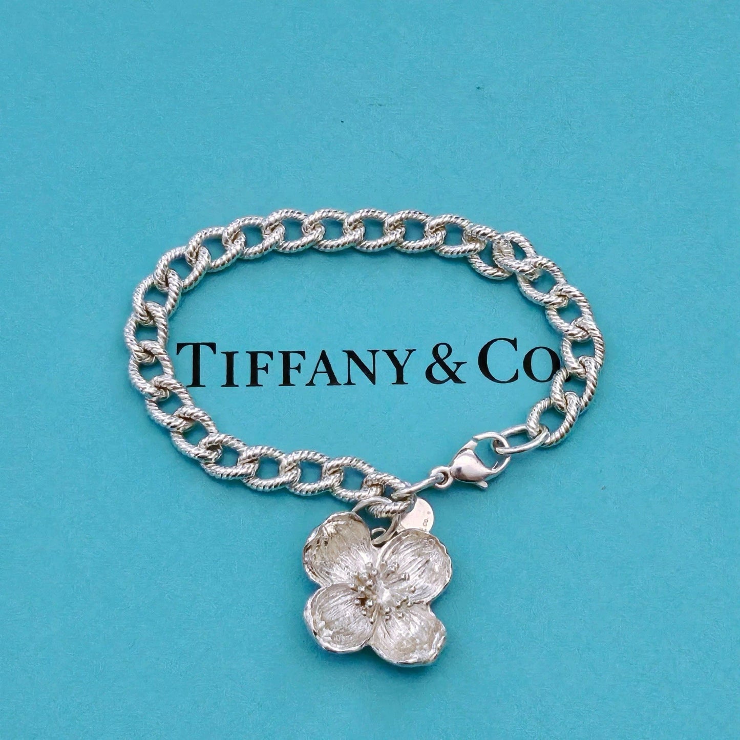 RARE Vintage Tiffany & Co. Dogwood Flower Sterling Silver Charm Bracelet 7”