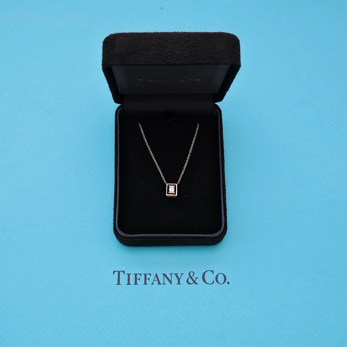 RARE Tiffany & Co. 18k Rose Gold Jewel Box Emerald Cut Diamond Necklace
