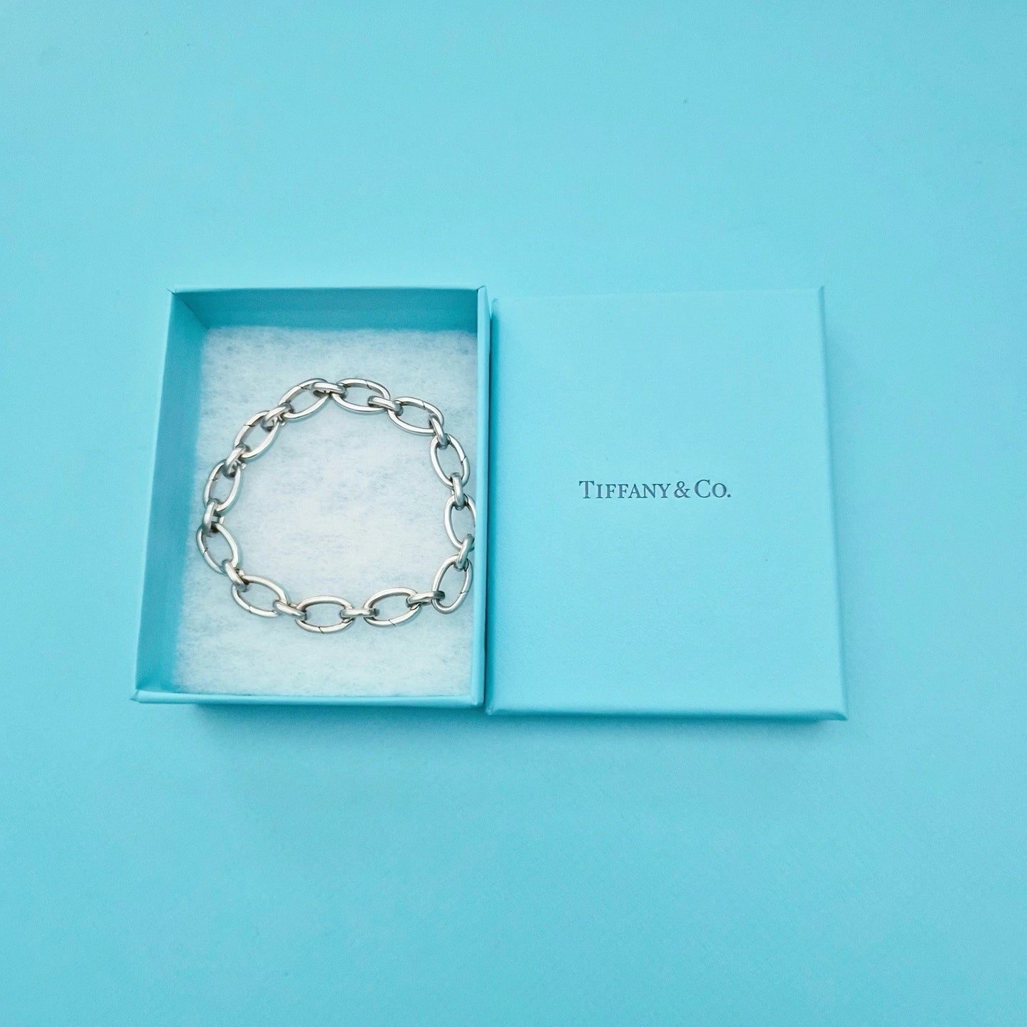 RARE Tiffany & Co Blue Enamel Clasping Oval Link Bracelet Sterling Silver 7.5"