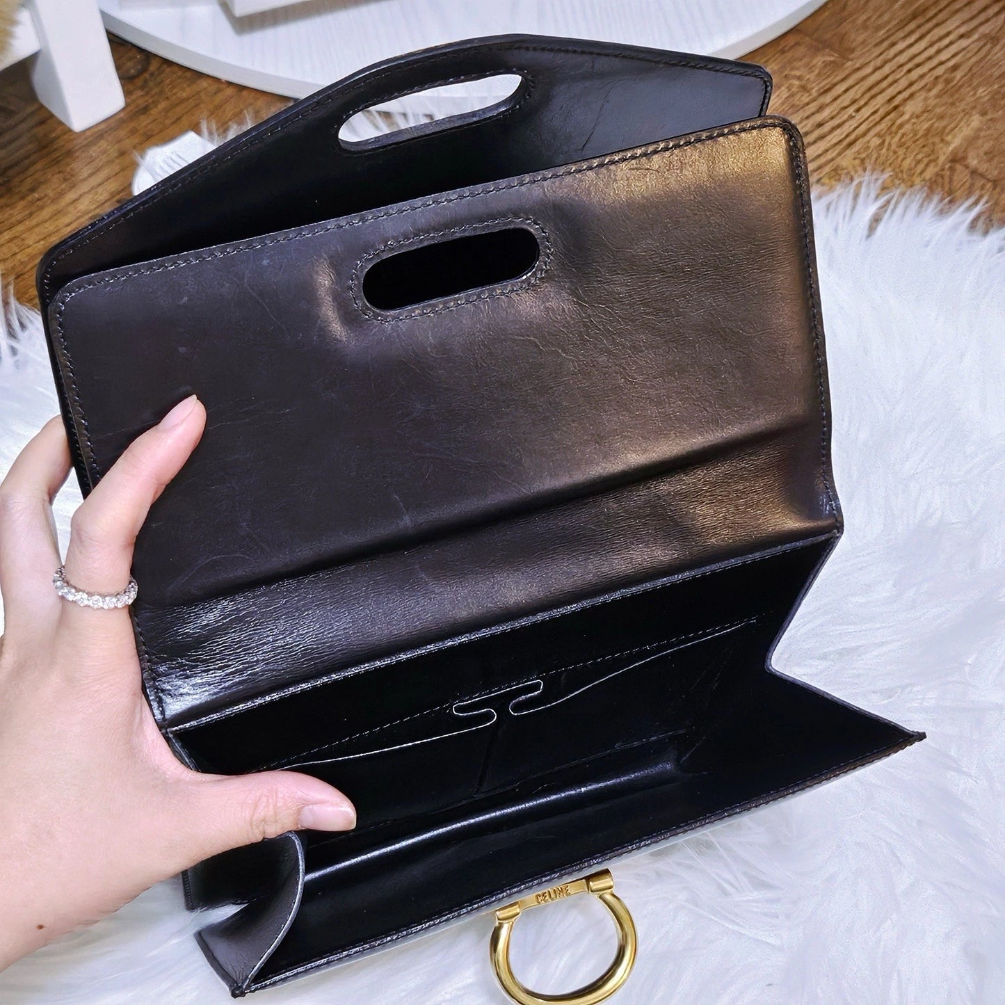 Vintage CELINE Black Leather And Gold Tone Circa 1990 Top Handle Handbag