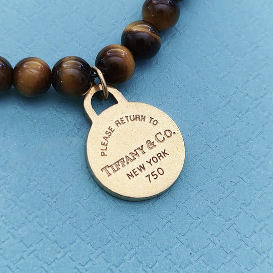 RARE Tiffany & Co. 18K Gold 4mm Tiger Eye Bead Bracelet Return To Tiffany Tag