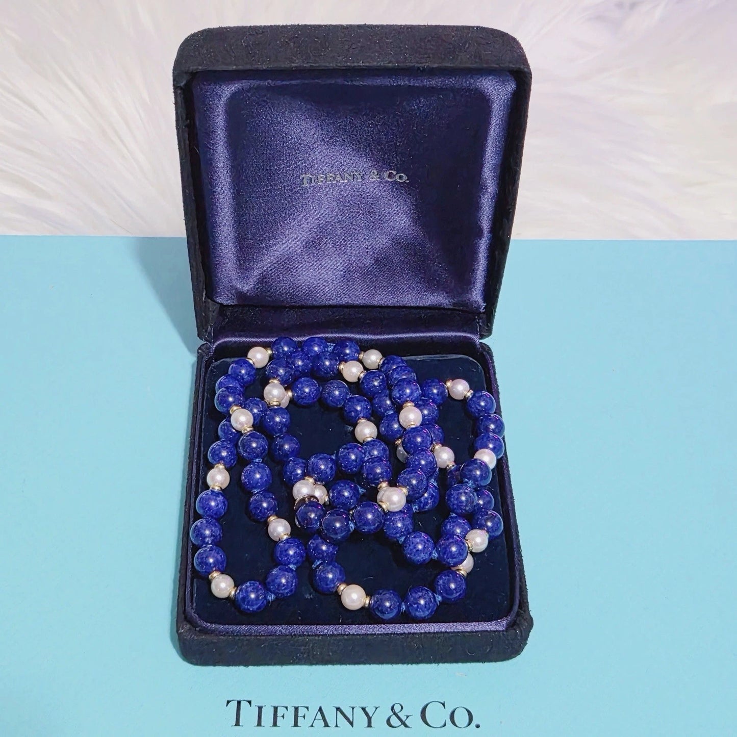 RARE Vintage Tiffany & Co. 14k YG Lapis Lazuli Bead Necklace Pearl Accents 29in