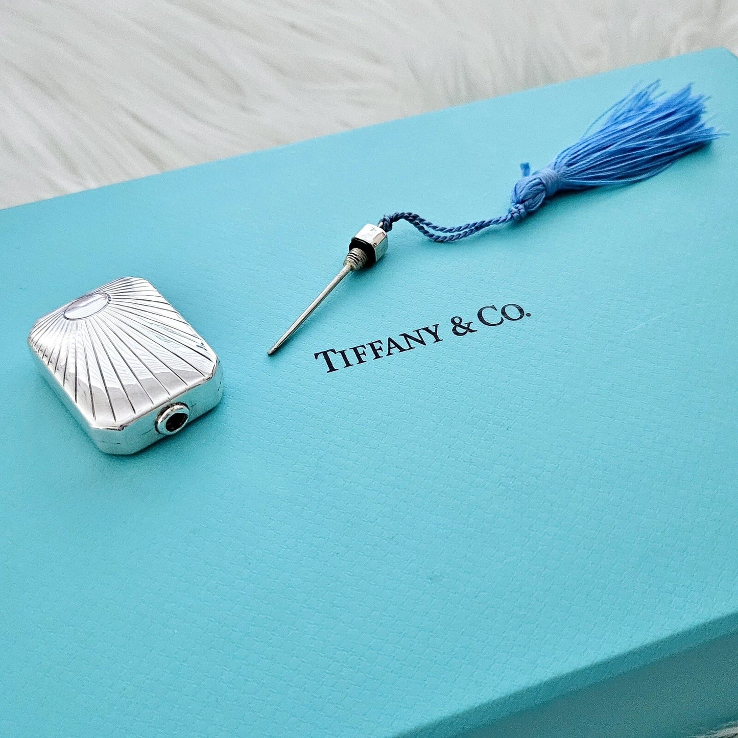 RARE Vintage Tiffany & Co. Antique Silver Perfume Flask Bottle With Blue Tassel