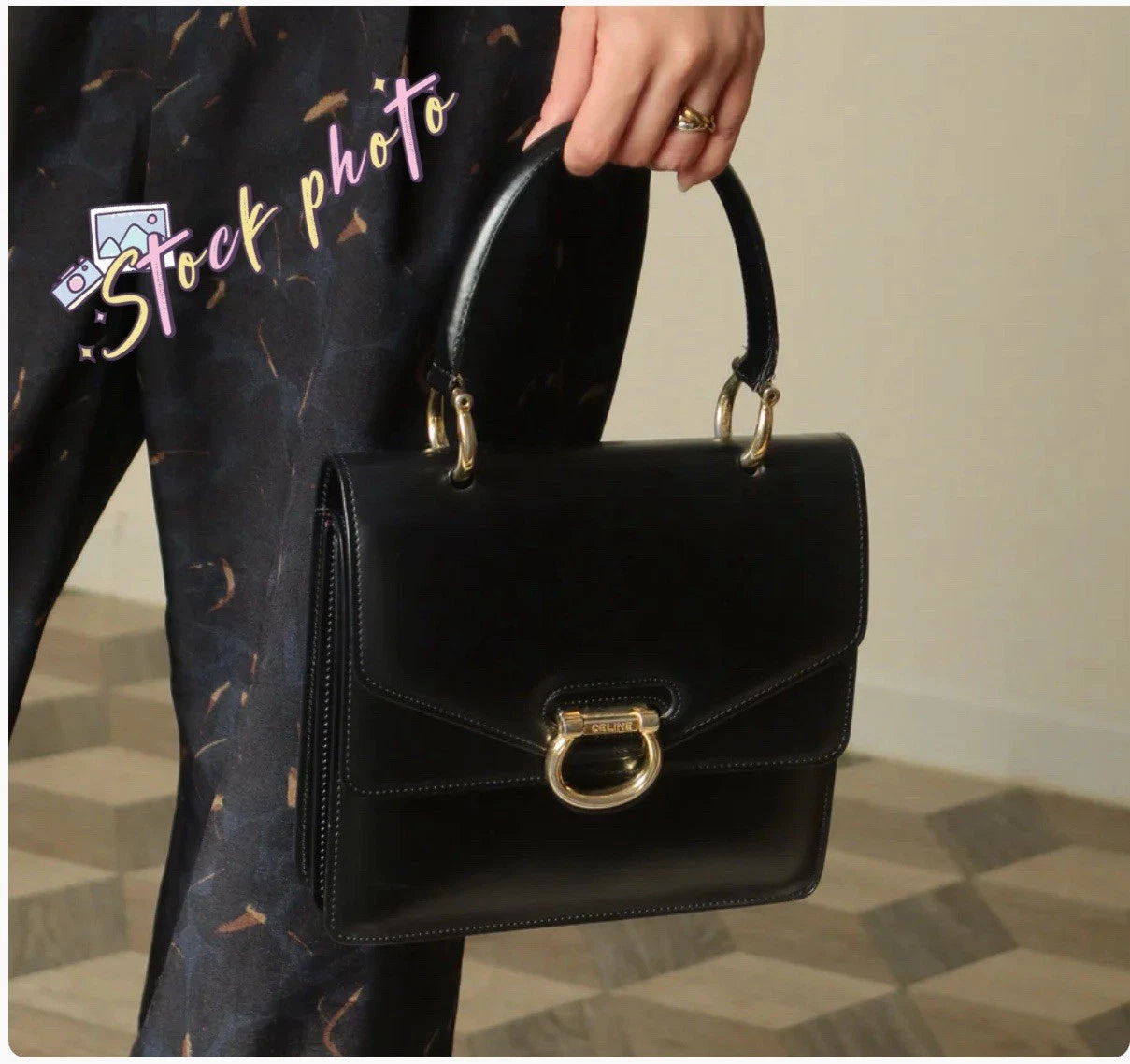 Vintage CELINE Black Leather And Gold Tone Circa 1990 Top Handle Handbag