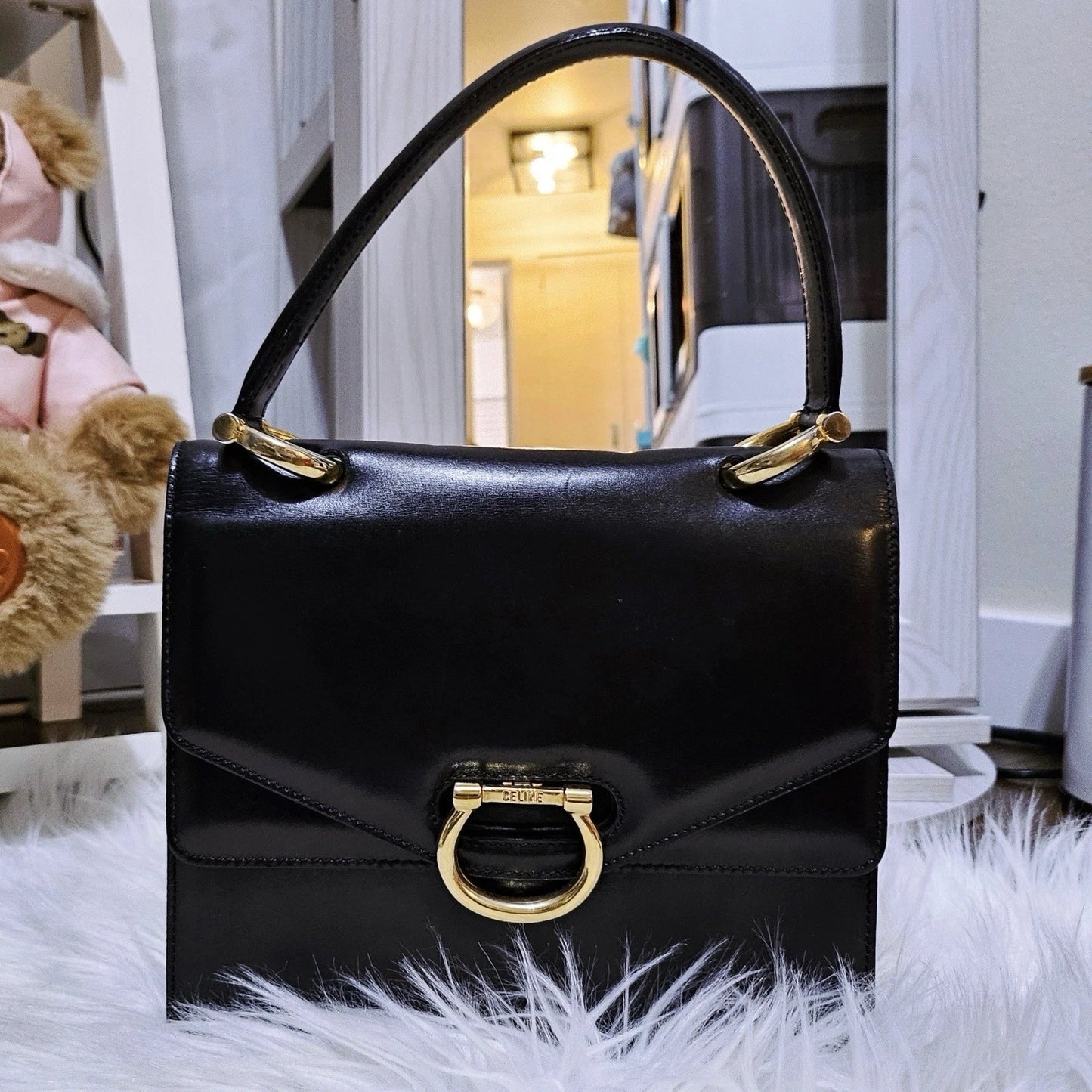 Vintage CELINE Black Leather And Gold Tone Circa 1990 Top Handle Handbag