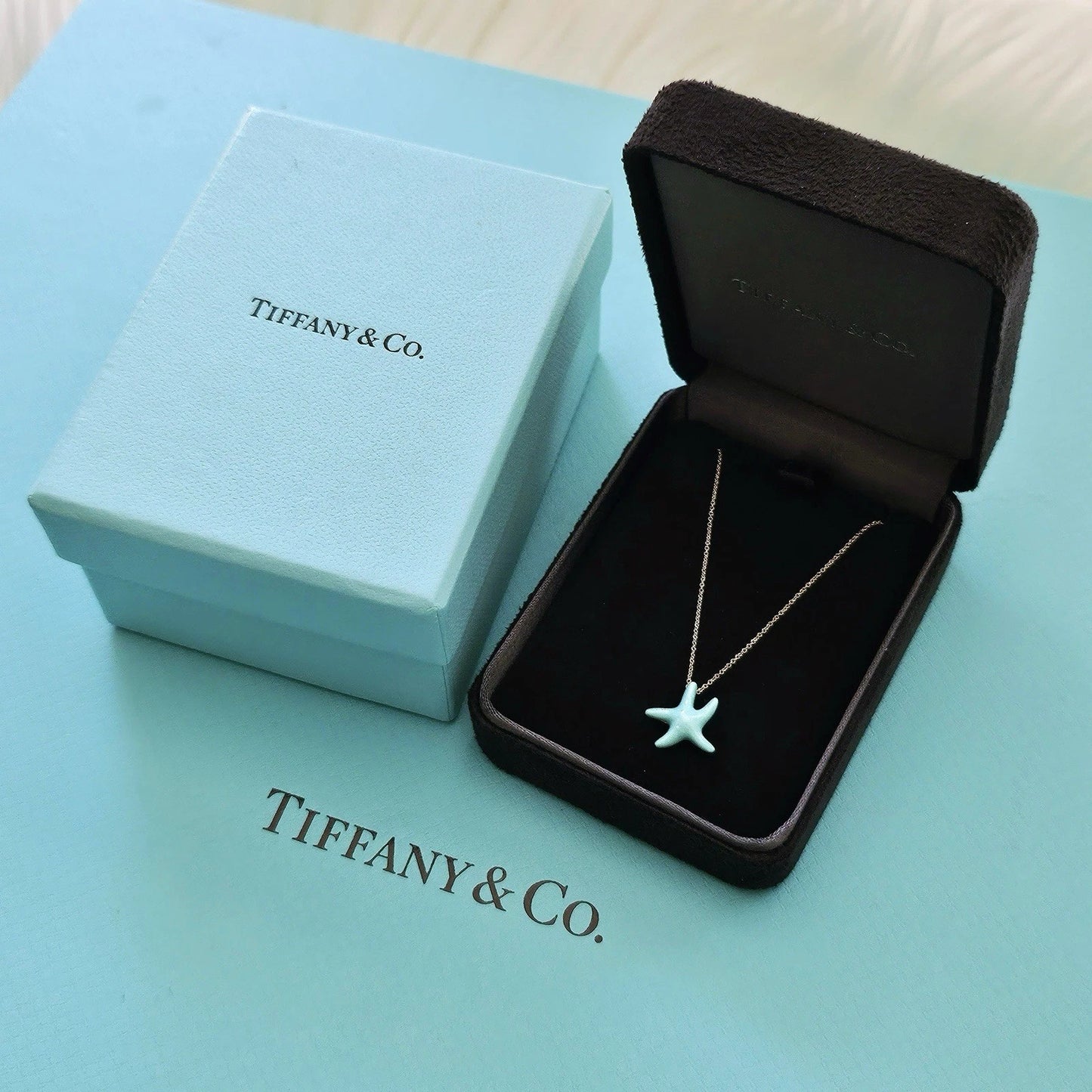 RARE Tiffany & Co. Elsa Peretti Turquoise Starfish 18k Yellow Gold Pendant Necklace
