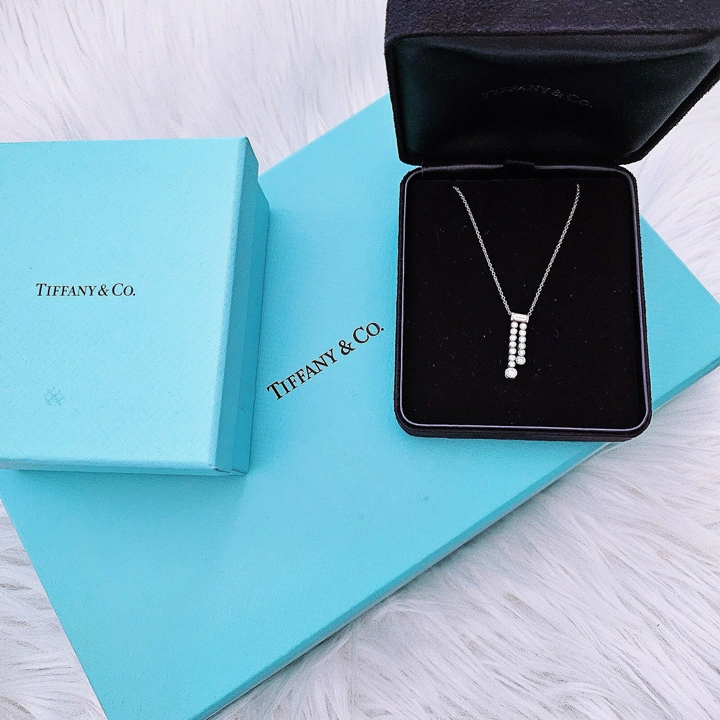 RARE Tiffany & Co. Platinum Diamond Jazz Double Drop Pendant Necklace
