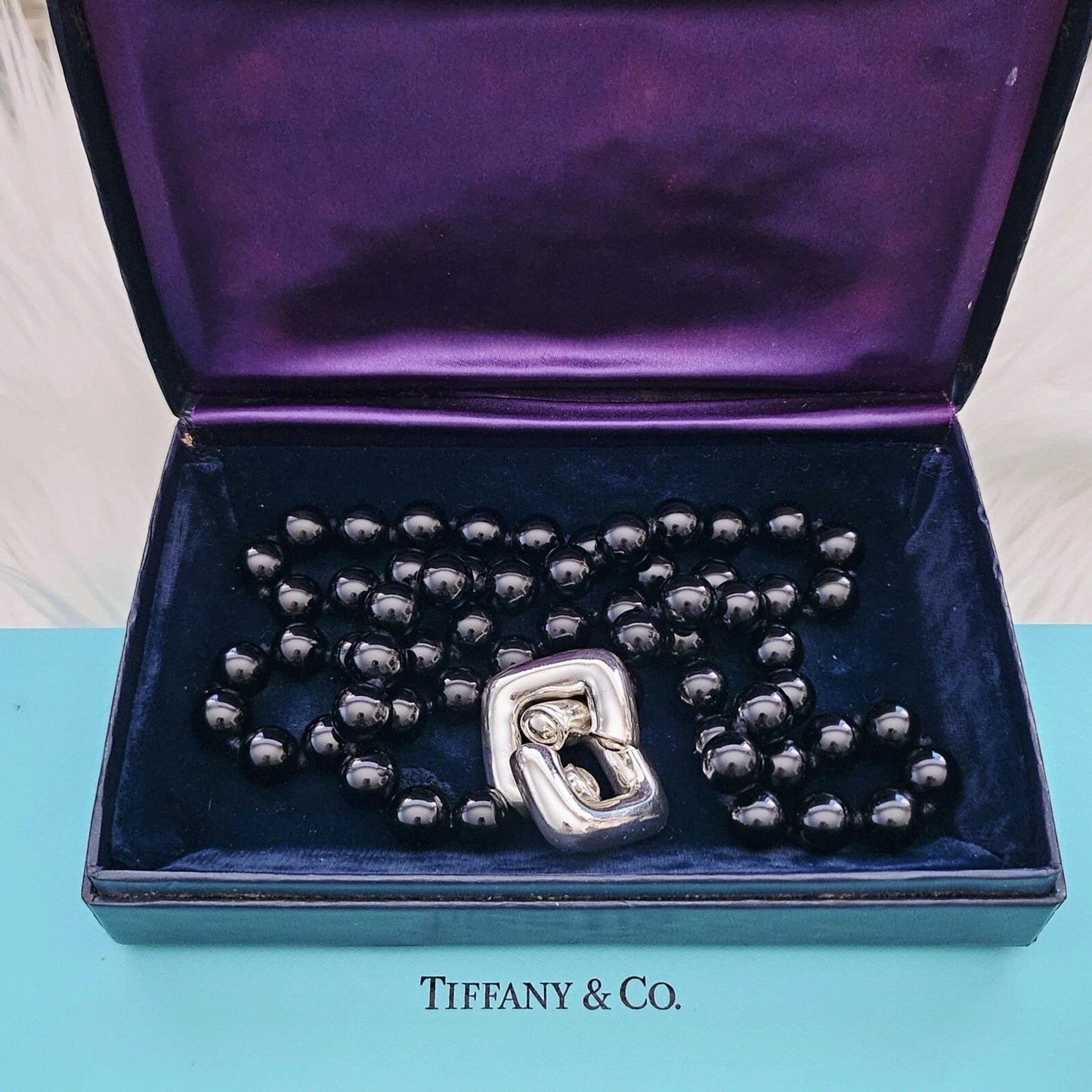 Vintage 1986 Tiffany & Co Paloma Picasso Silver Square Toggle Onyx Bead Necklace
