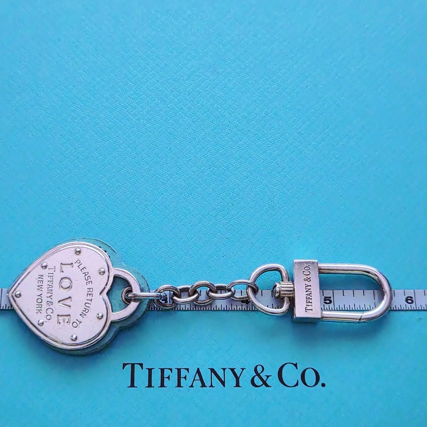 RARE Tiffany & Co. Return To Tiffany Double Heart Blue Leather Keychain Key Ring