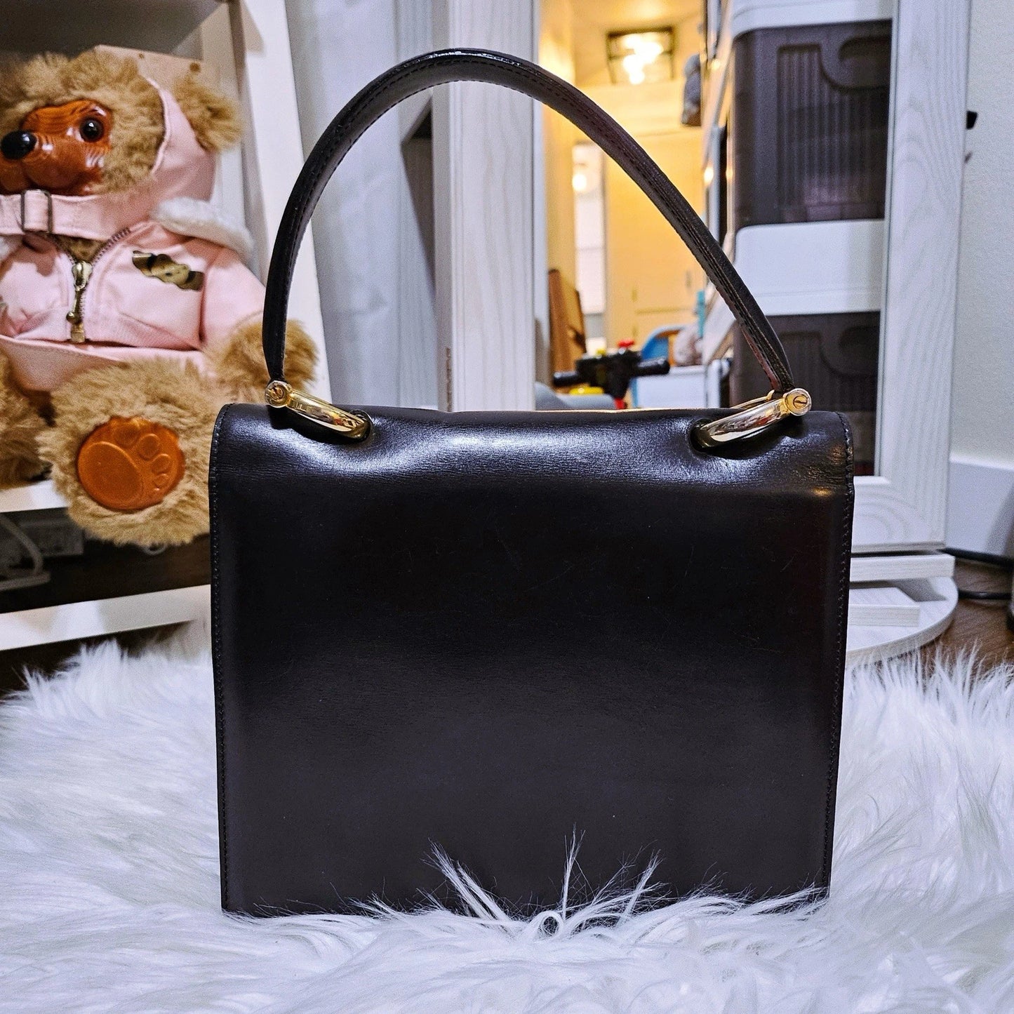 Vintage CELINE Black Leather And Gold Tone Circa 1990 Top Handle Handbag