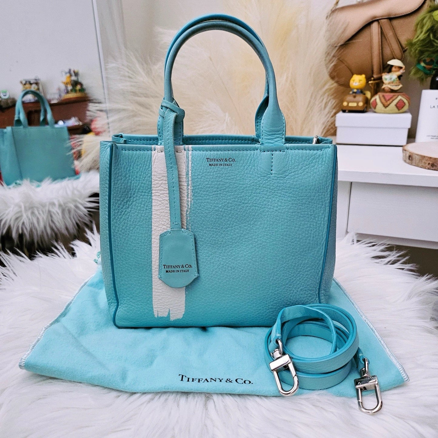 Super RARE Tiffany & Co. Micro White Brushtroke Grain Calfskin Leather Tote Bag