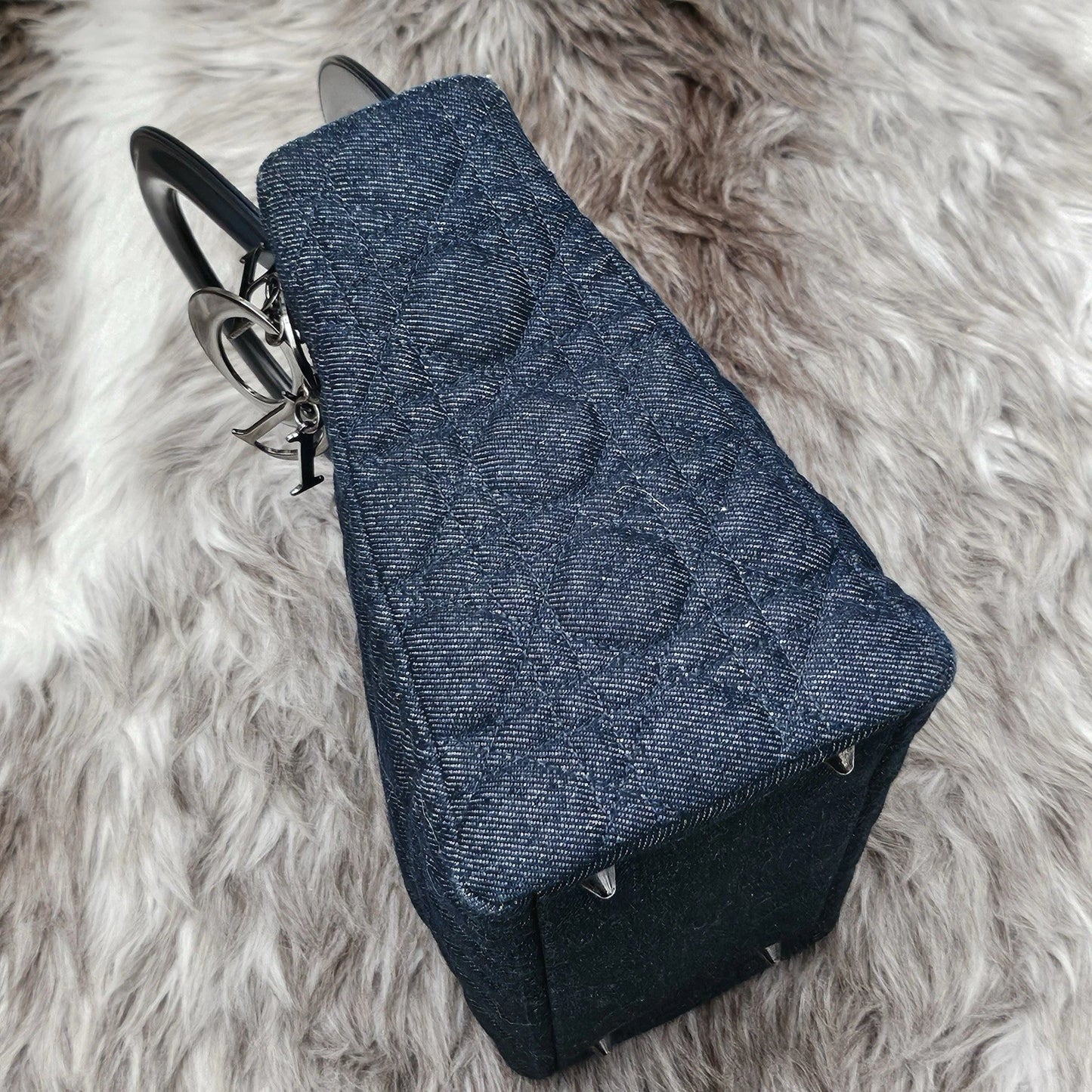 RARE Vintage CHRISTIAN DIOR Blue Cannage Quilted Denim Medium Lady Dior Bag