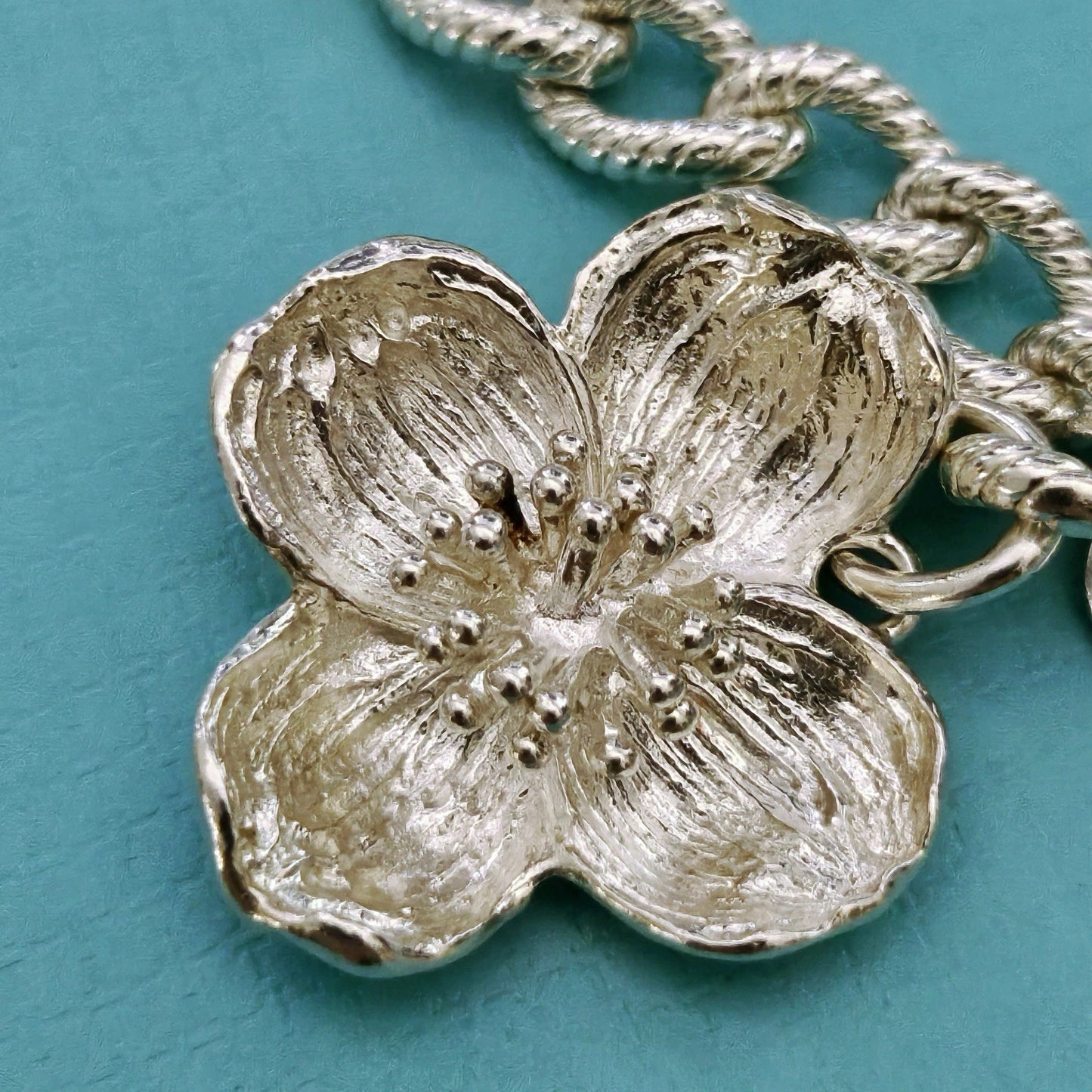 RARE Vintage Tiffany & Co. Dogwood Flower Sterling Silver Charm Bracelet 7”