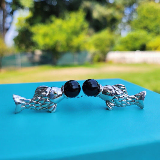 RARE Vintage Tiffany & Co. Two-Tone 18k Gold Silver Onyx Koi Fish Earrings