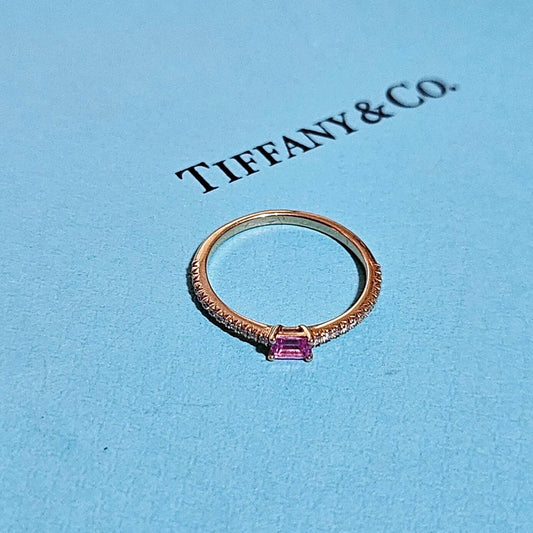 RARE Tiffany & Co. 18k Rose Gold Baguette Pink Sapphire Diamond Metro Novo Ring