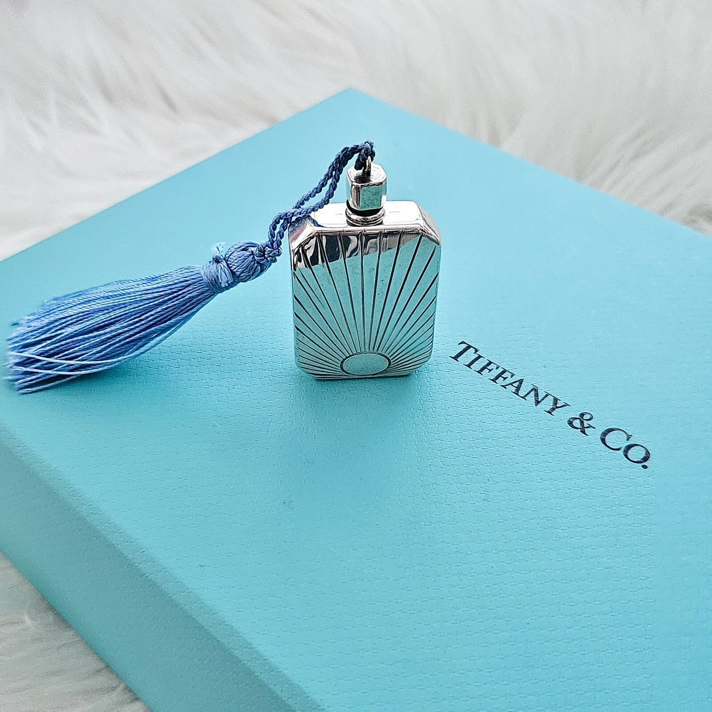 RARE Vintage Tiffany & Co. Antique Silver Perfume Flask Bottle With Blue Tassel