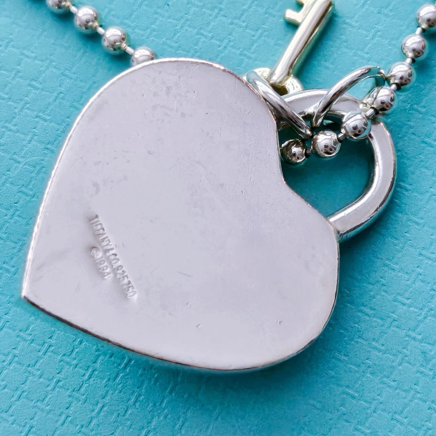 Vintage Tiffany & Co. Large Heart Padlock & Key 18k Silver Pendant Necklace 34”