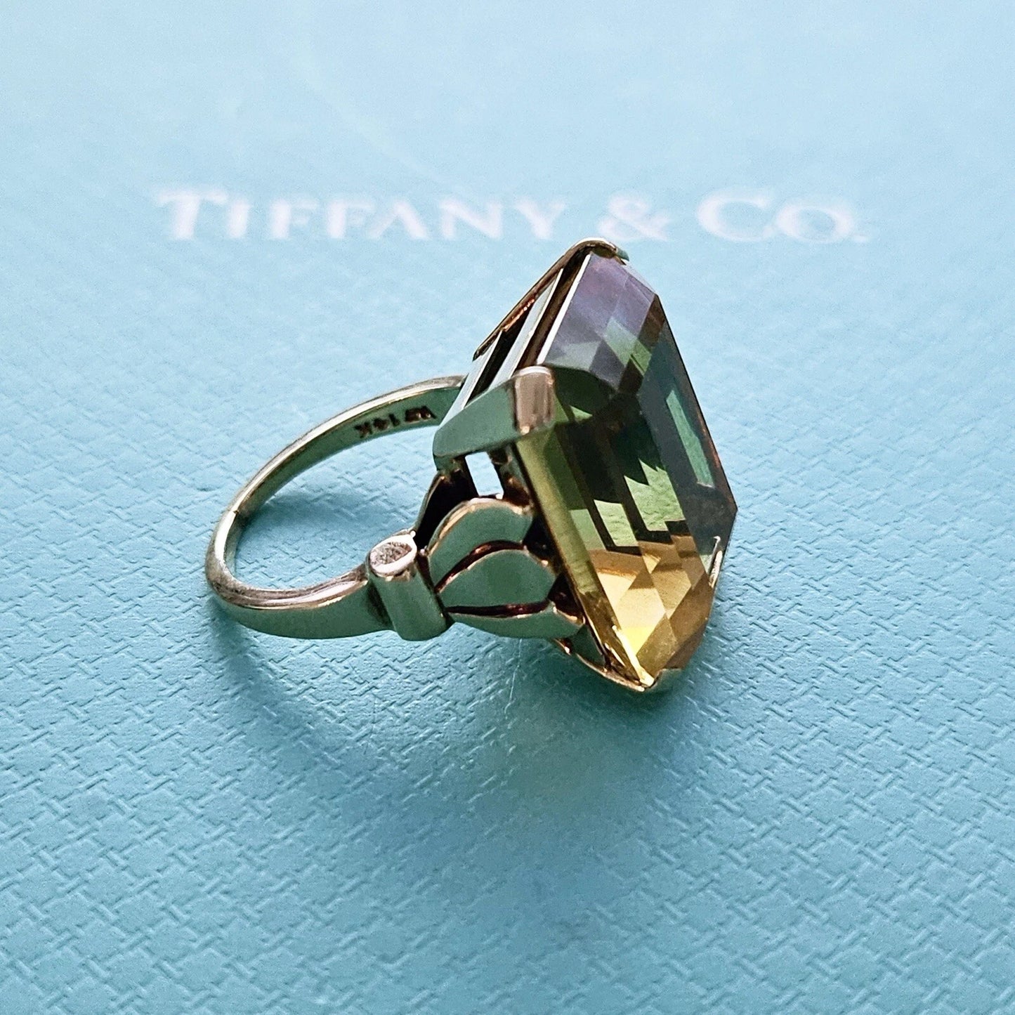 Vintage Tiffany & Co. 18.5 Ct Sparkler Emeral Cut Citrine 14k Gold Cocktail Ring