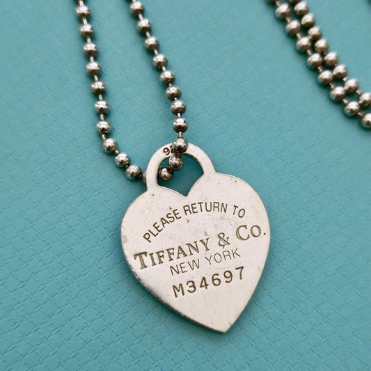 Vintage Tiffany & Co. Please RTT Large Heart Tag Pendant Long Beaded Chain Necklace