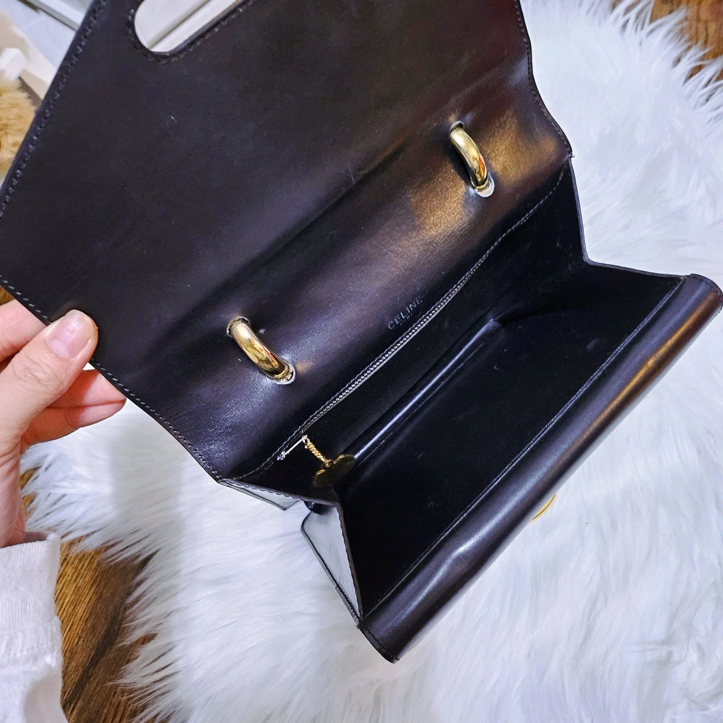 Vintage CELINE Black Leather And Gold Tone Circa 1990 Top Handle Handbag