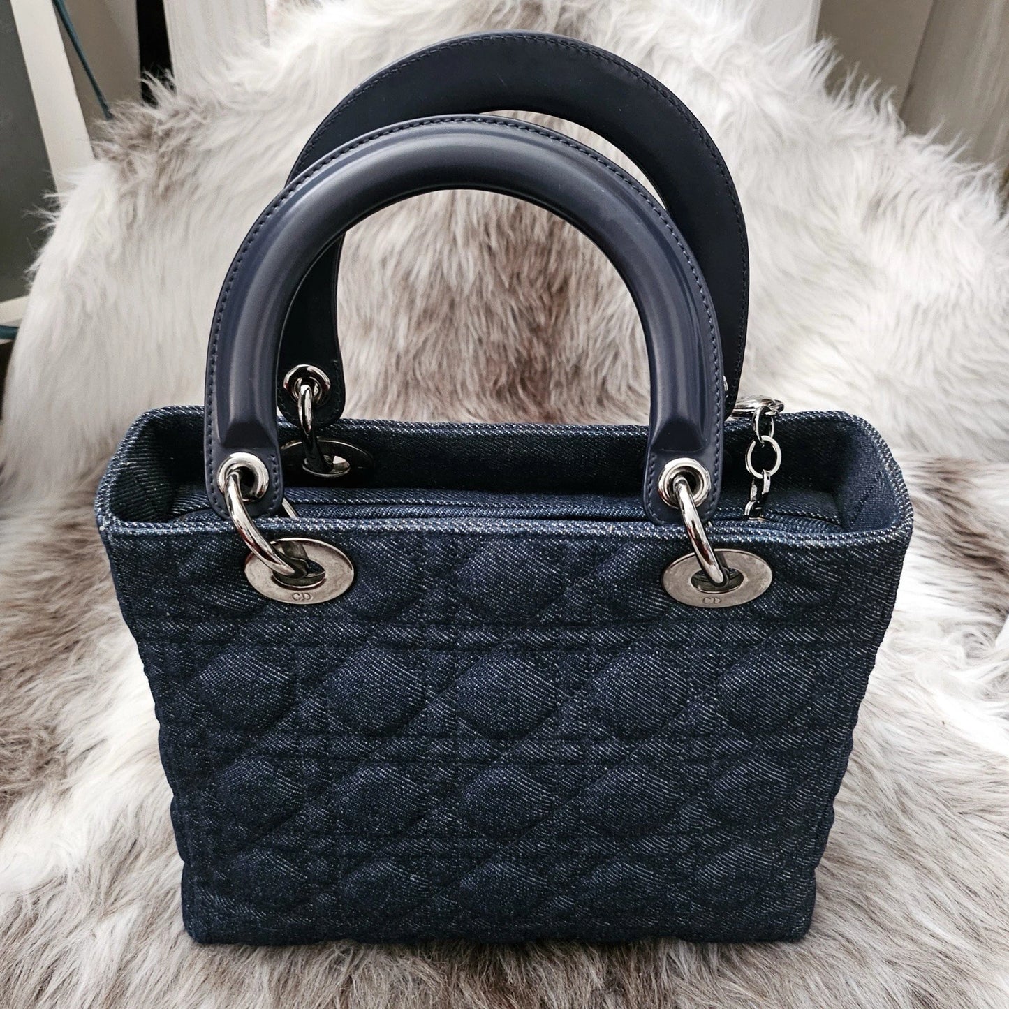 RARE Vintage CHRISTIAN DIOR Blue Cannage Quilted Denim Medium Lady Dior Bag