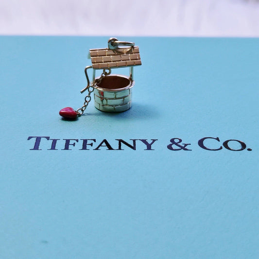 RARE Vintage Tiffany & Co. 14k Yellow Gold Wishing Well Love Enamel Heart Charm Pendant