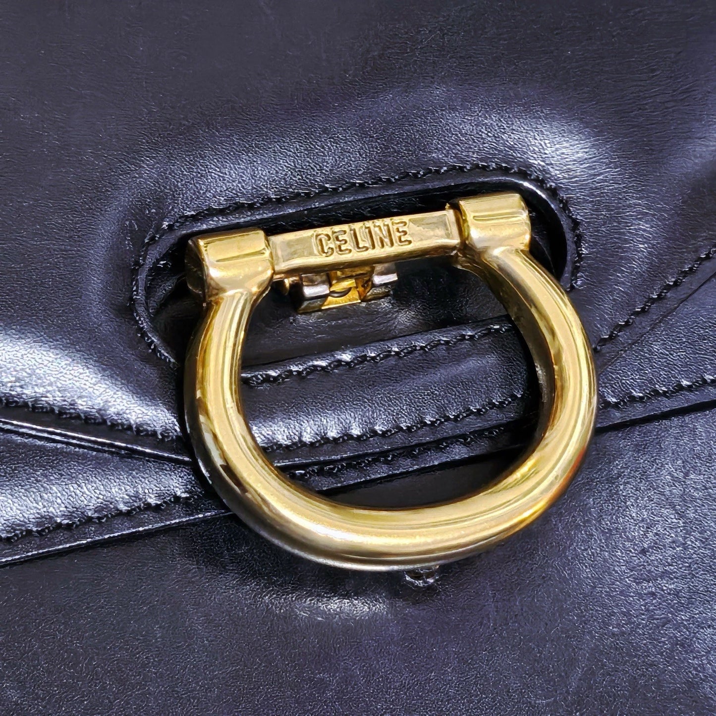 Vintage CELINE Black Leather And Gold Tone Circa 1990 Top Handle Handbag