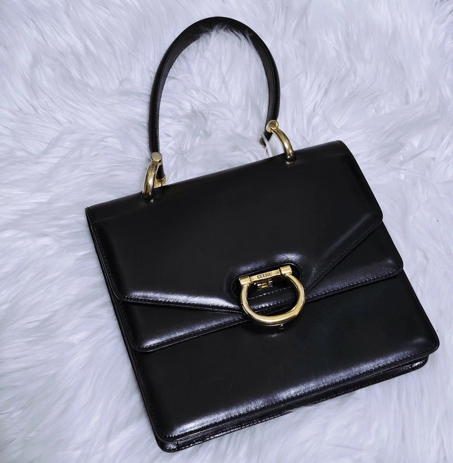 Vintage CELINE Black Leather And Gold Tone Circa 1990 Top Handle Handbag