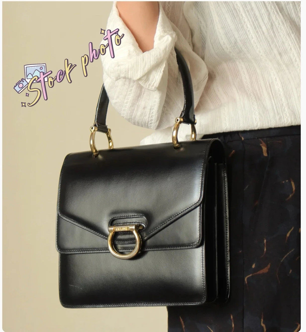 Vintage CELINE Black Leather And Gold Tone Circa 1990 Top Handle Handbag