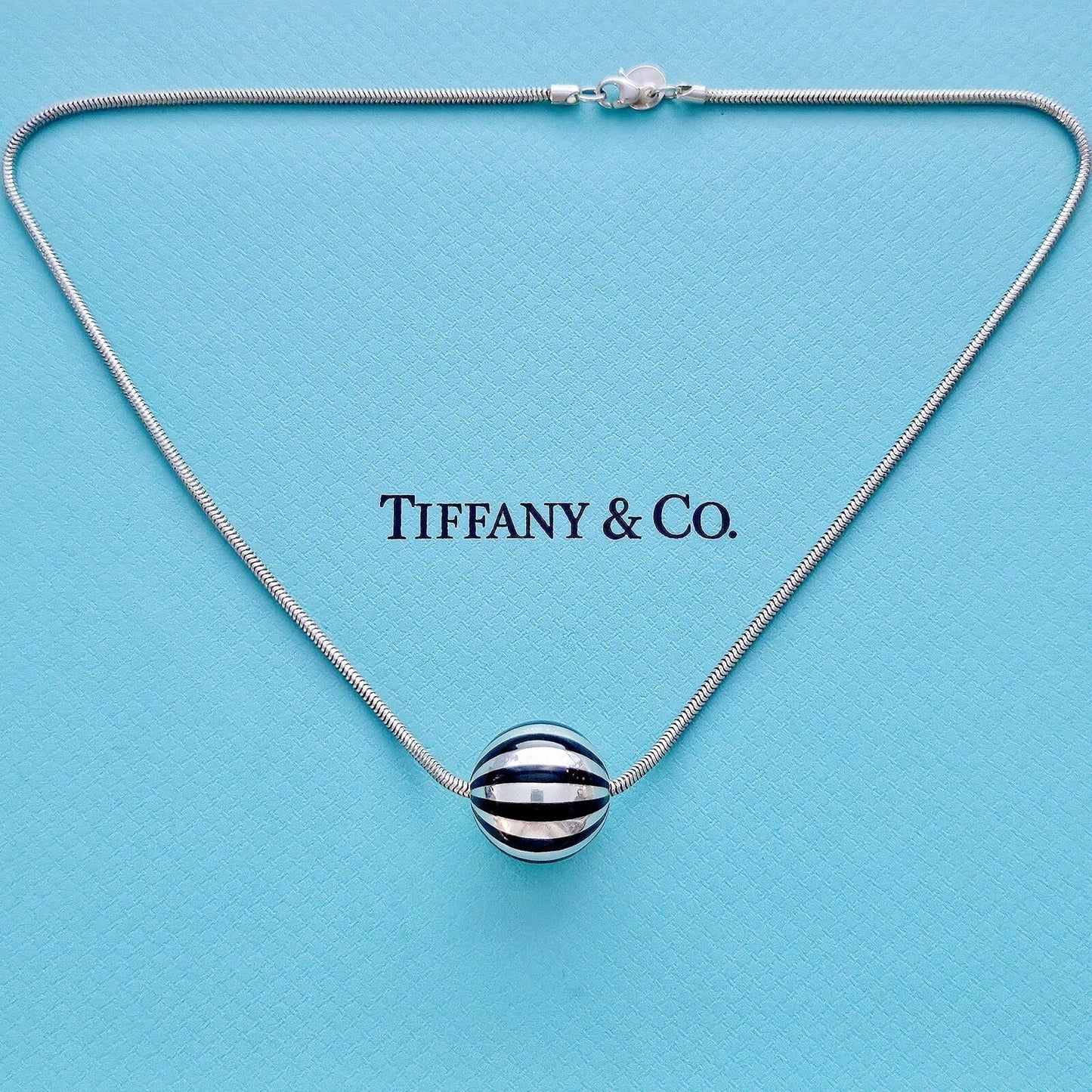 RARE Vintage Tiffany & Co. Black Enamel Sterling Silver Stripe Ball Necklace