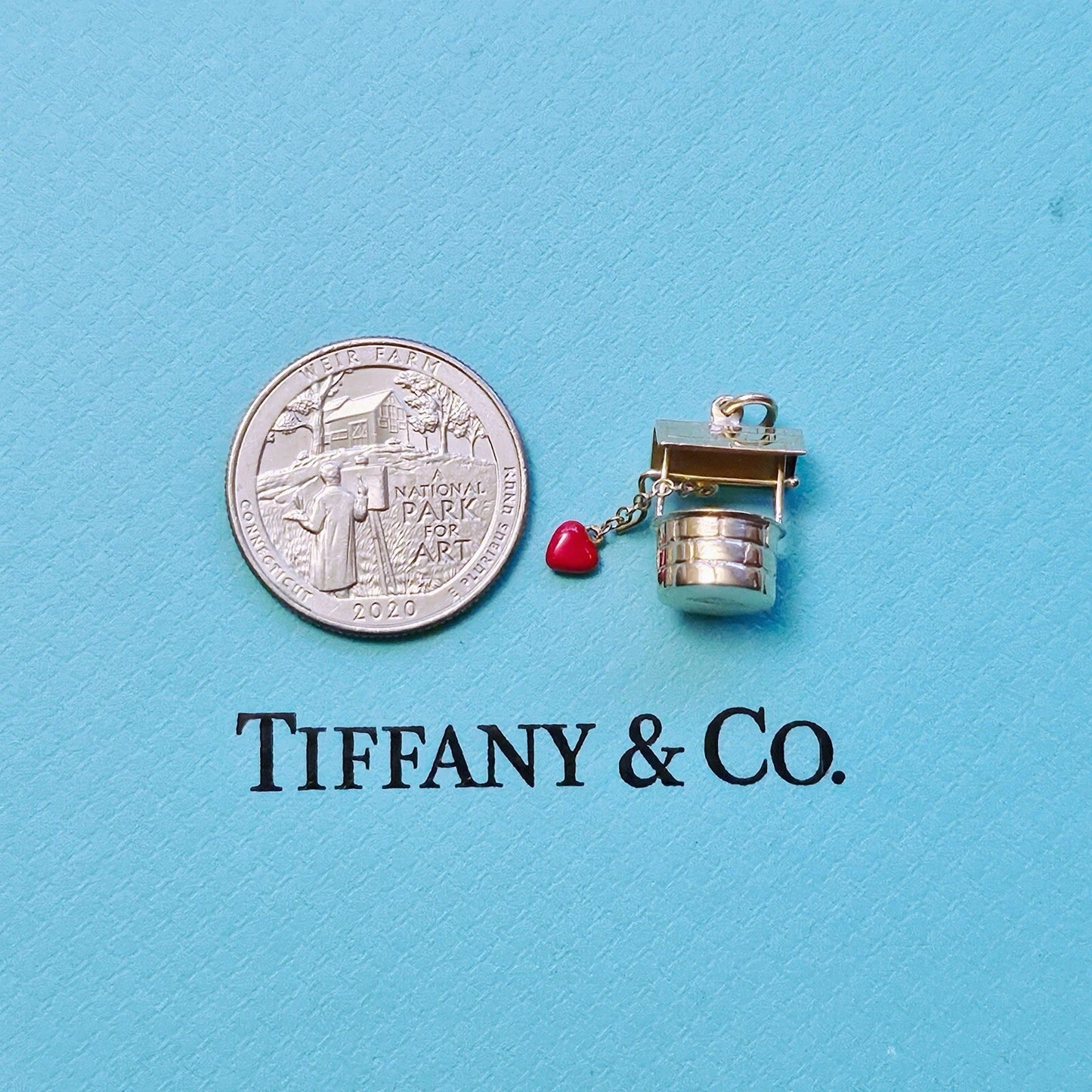 RARE Vintage Tiffany & Co. 14k Yellow Gold Wishing Well Love Enamel Heart Charm Pendant