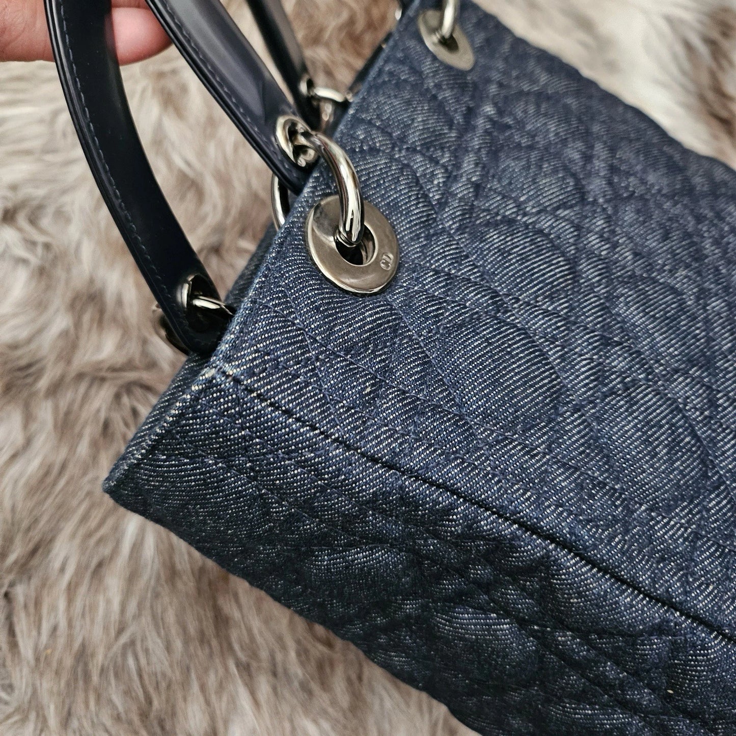 RARE Vintage CHRISTIAN DIOR Blue Cannage Quilted Denim Medium Lady Dior Bag