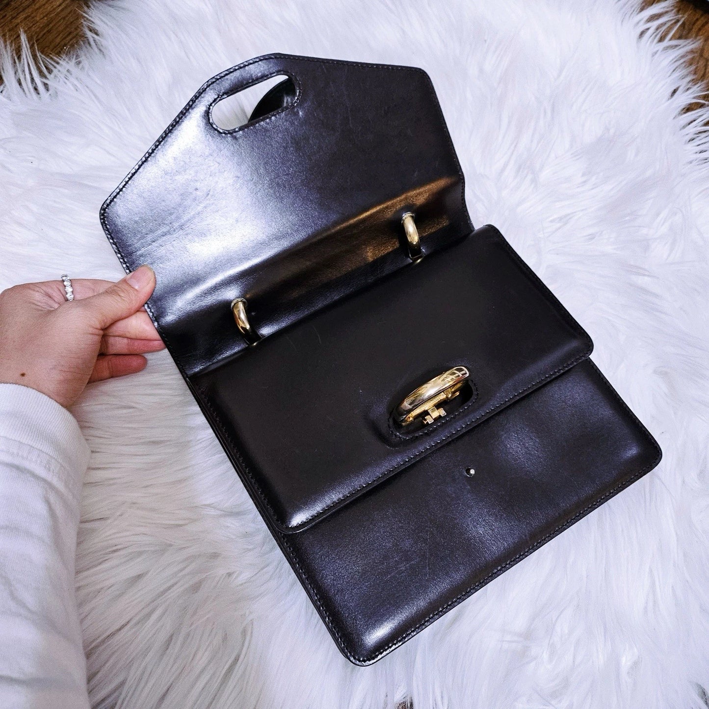 Vintage CELINE Black Leather And Gold Tone Circa 1990 Top Handle Handbag