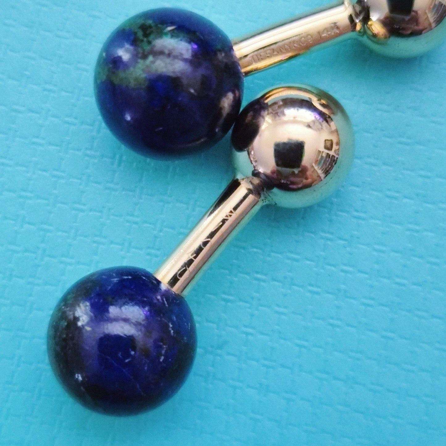 RARE Vintage Tiffany & Co 14k Yellow Gold Barbell Cufflinks with Lapis Lazuli