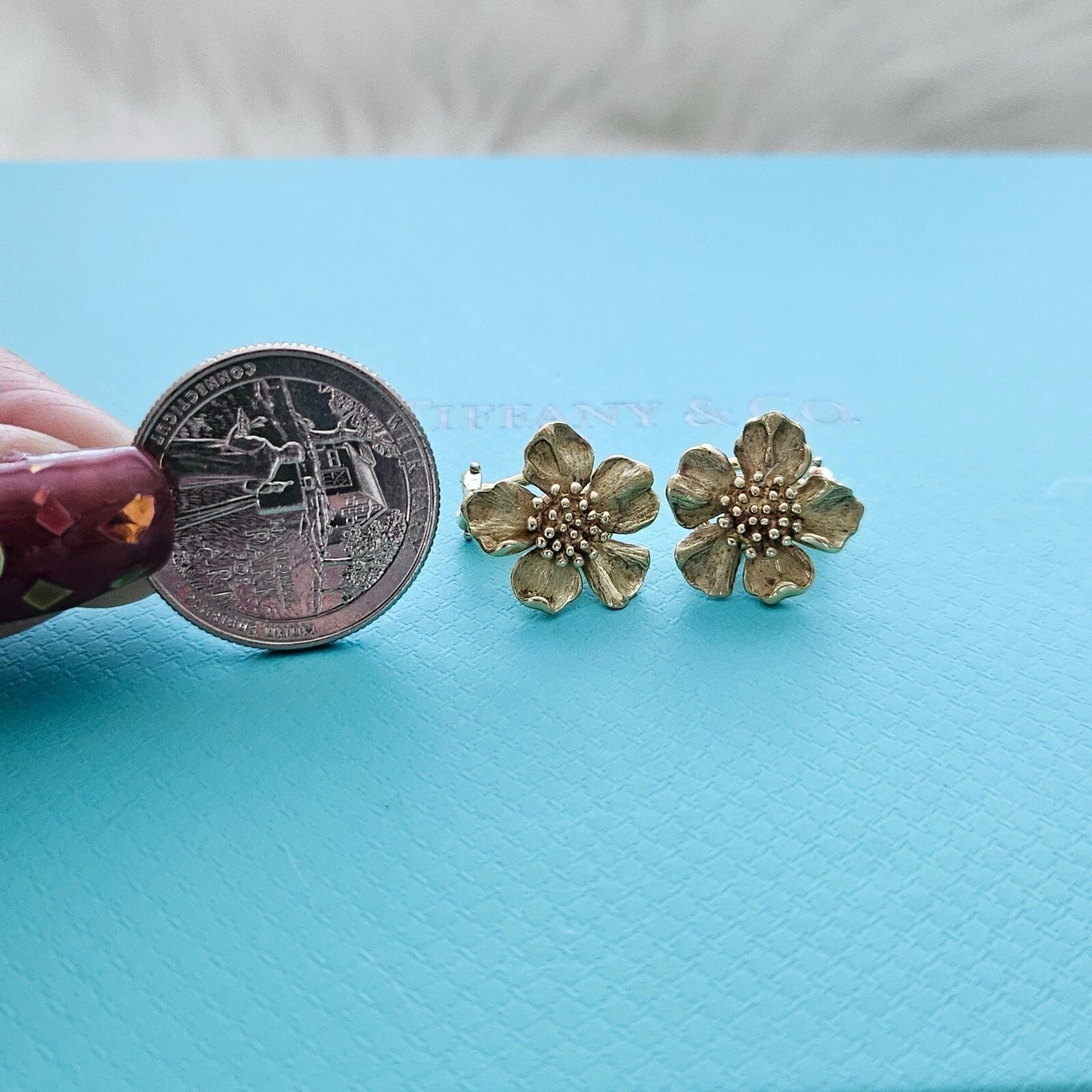RARE Vintage Tiffany & Co. 18k Yellow Gold Wild Rose Dogwood Flower Earrings