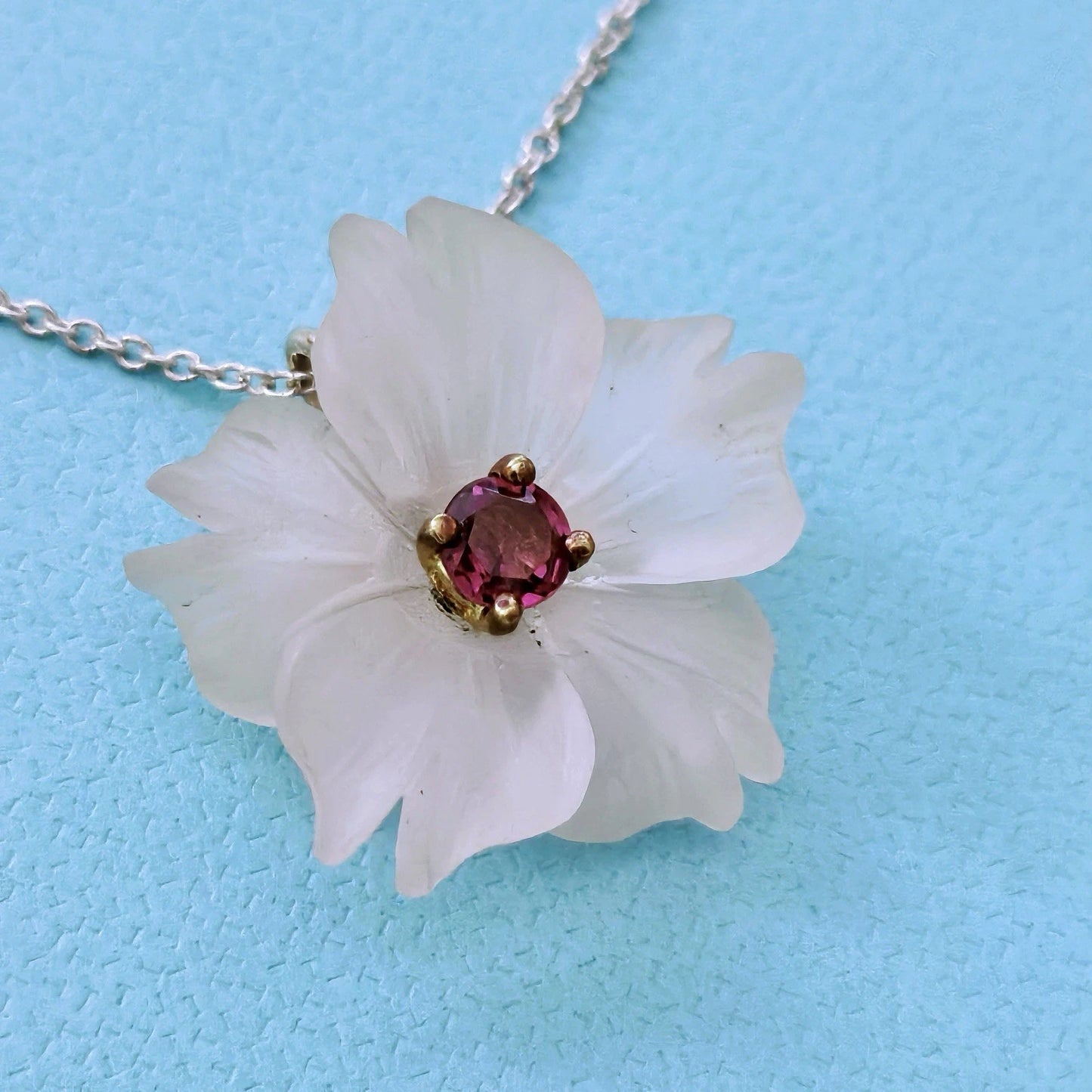 Vintage Tiffany & Co. Paloma Picasso Carved Rock Crystal Flower 18k Silver Necklace