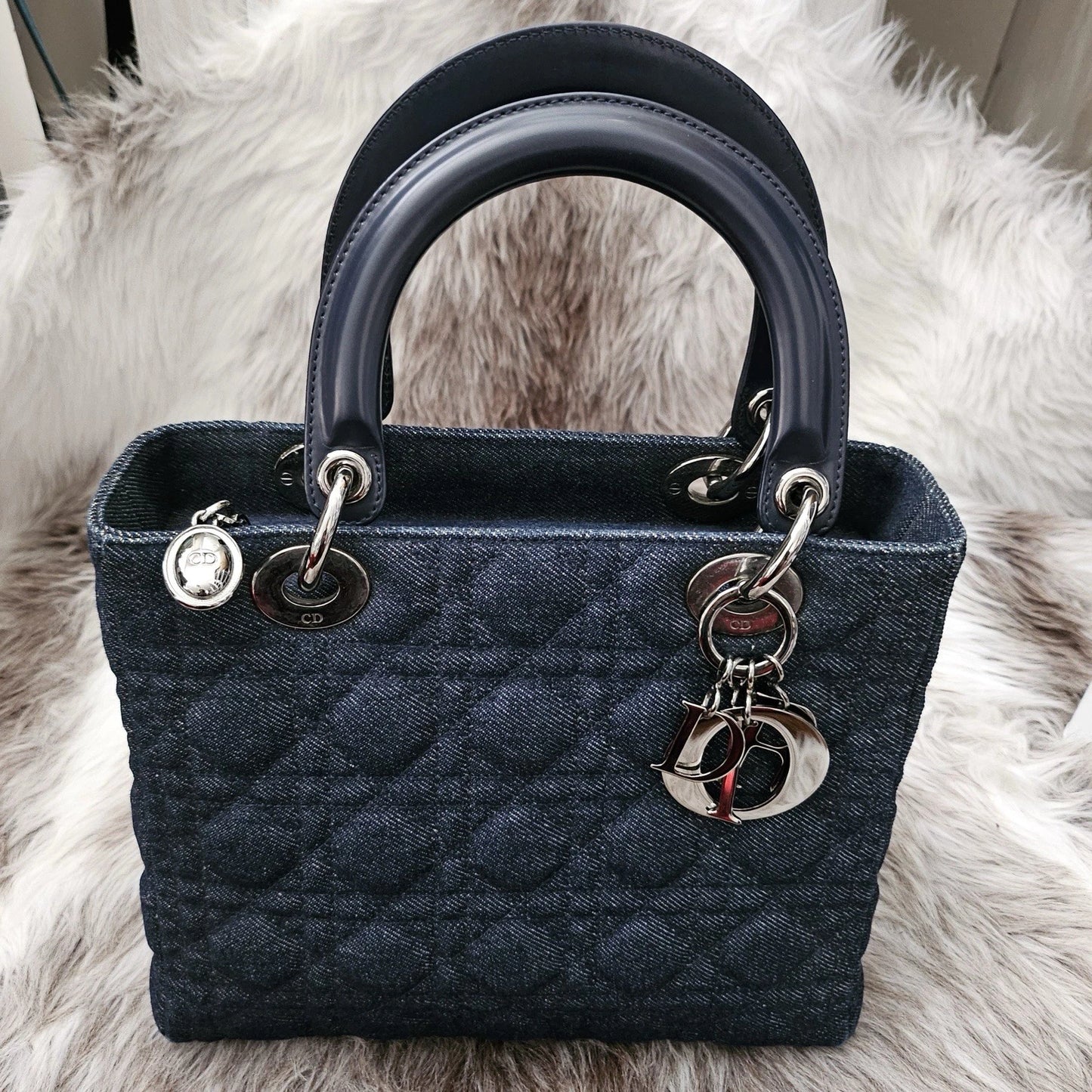 RARE Vintage CHRISTIAN DIOR Blue Cannage Quilted Denim Medium Lady Dior Bag
