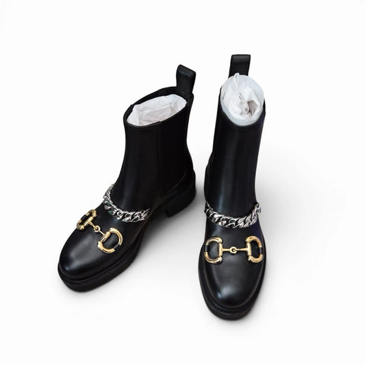Gucci Black Leather Chain Horsebit Calf Ankle Boots Chunk Heel Chelsea 35 US 5