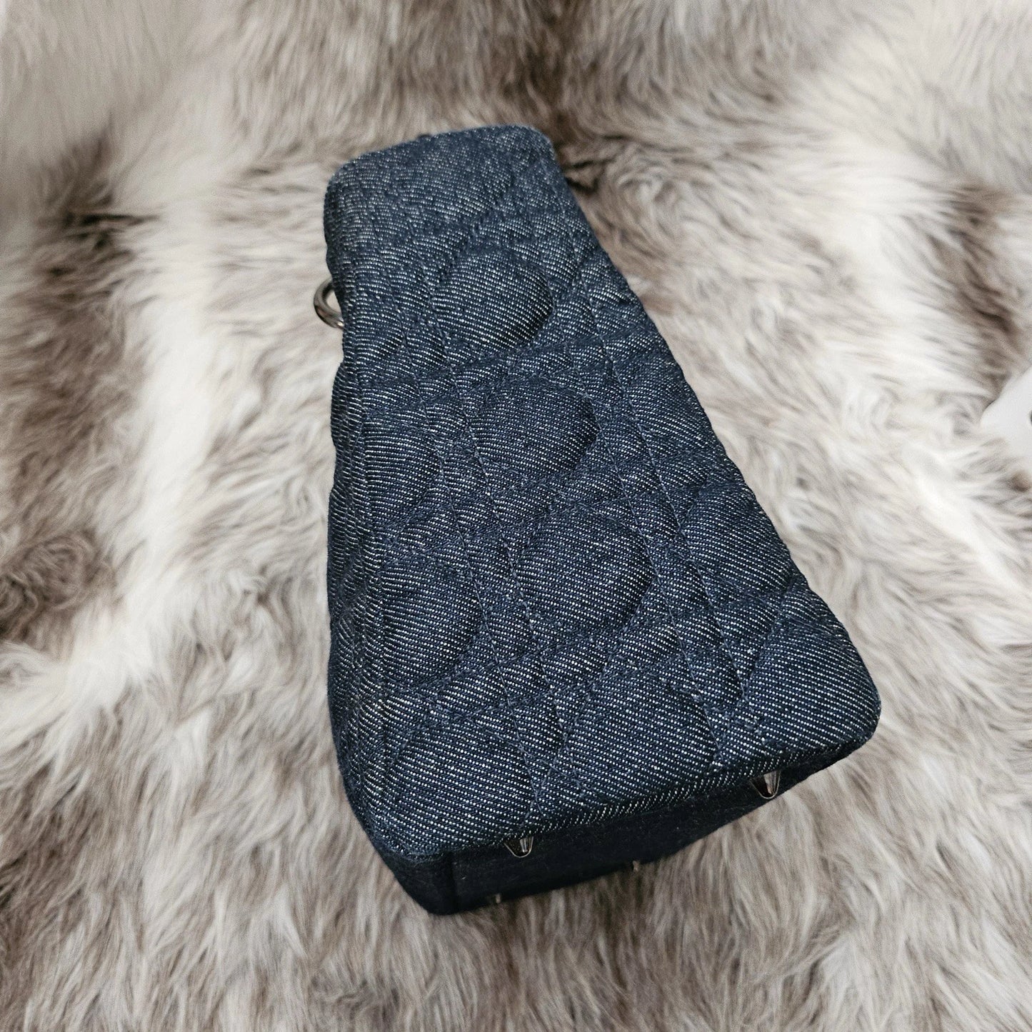 RARE Vintage CHRISTIAN DIOR Blue Cannage Quilted Denim Medium Lady Dior Bag
