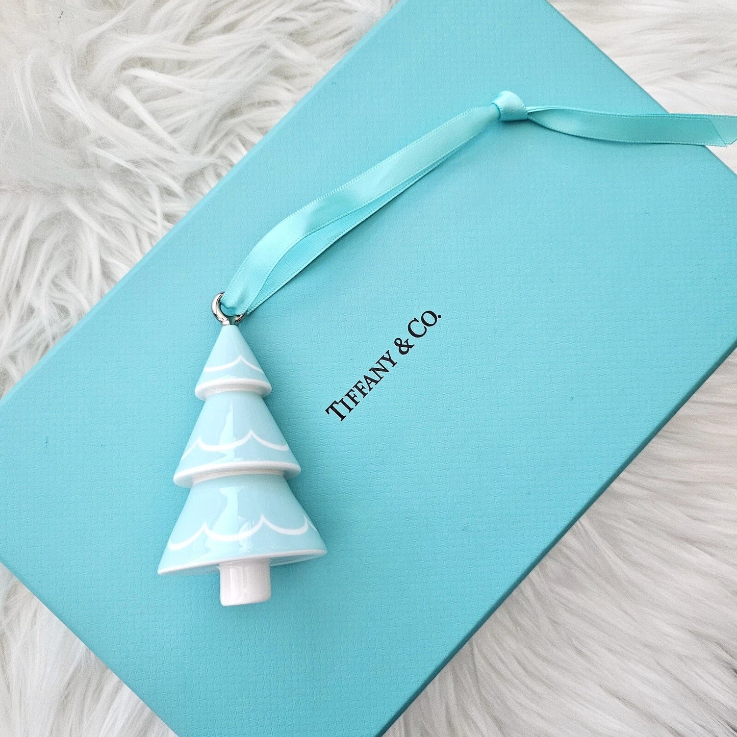 RETIRED Tiffany & Co. Chrismas Tree Blue White Holiday Ornament Bone China