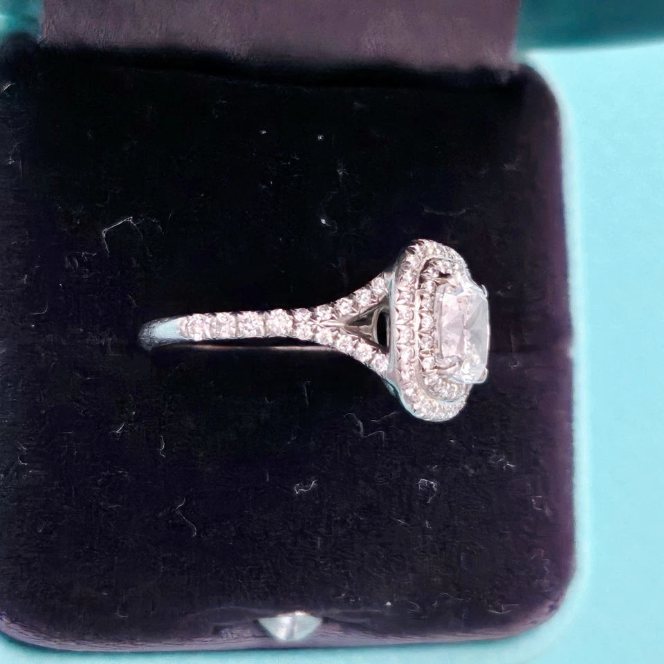 $39,000 Tiffany & Co Soleste Cushion Double Halo Diamond Engagement Ring 1.63 D VS1