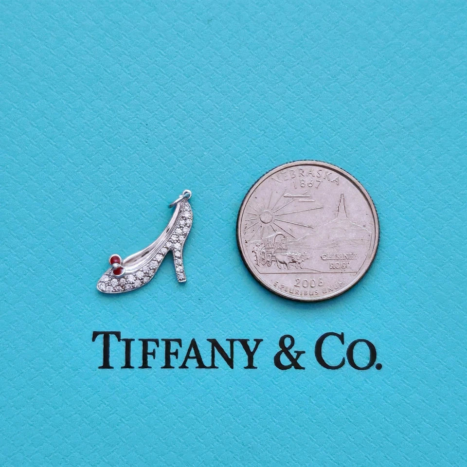 RARE Tiffany & Co. Red Enamel Bow Diamond High Heels Shoes PT950 Charm Pendant.