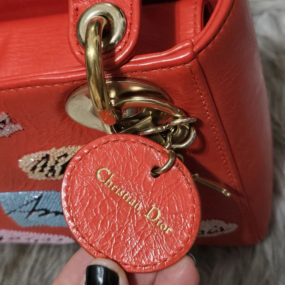 $6,000 Christian Dior Lady Dior Mini Red Sequin Embellished Calfskin Leather Bag