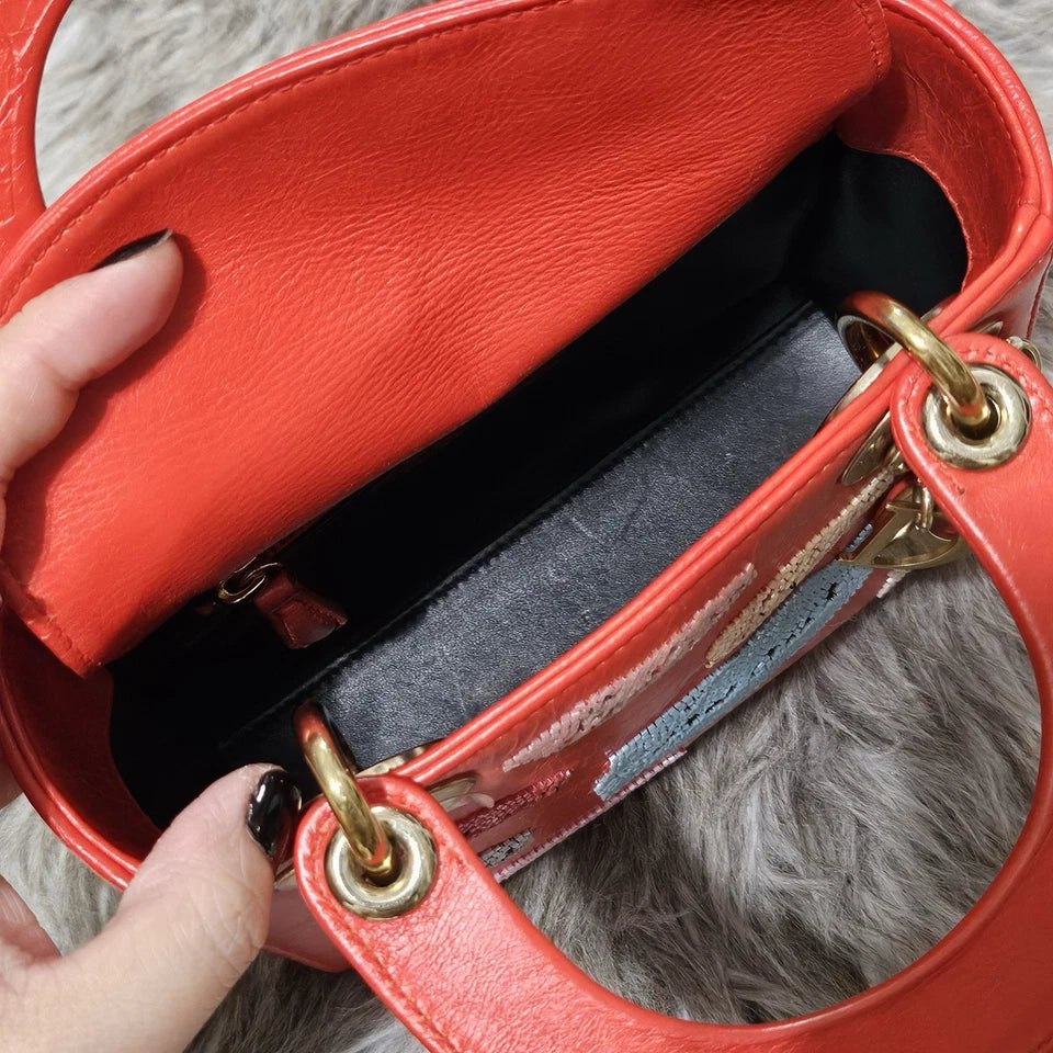 $6,000 Christian Dior Lady Dior Mini Red Sequin Embellished Calfskin Leather Bag