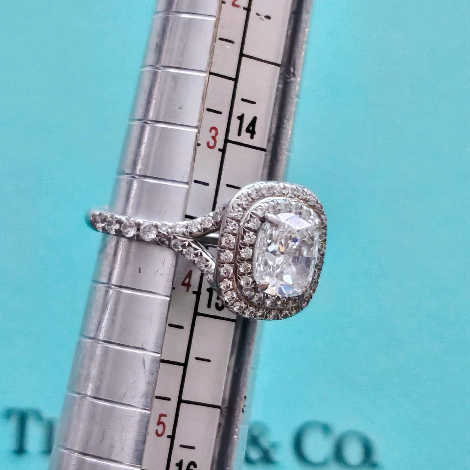 $39,000 Tiffany & Co Soleste Cushion Double Halo Diamond Engagement Ring 1.63 D VS1